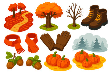 Collection of fall-themed items including a pumpkin, a scarf