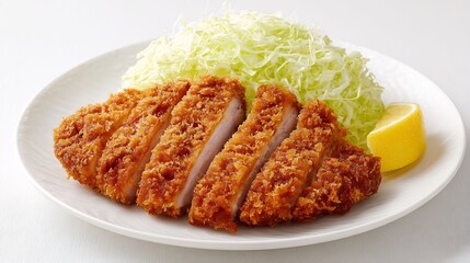 Top down view of crispy Japanese tonkatsu pork cutlet sliced neatly served shredded cabbage and lemon wedge isolated on plain white background for clean culinary presentation