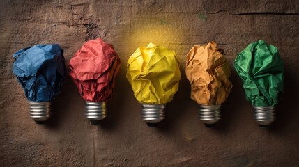 Five light bulbs with bases covered in crinkled paper showcase vibrant colors blue red yellow orange green laid flat ill