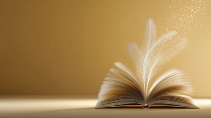 An open book with fanned pages features a floating white feather surrounded by sparkling particles,