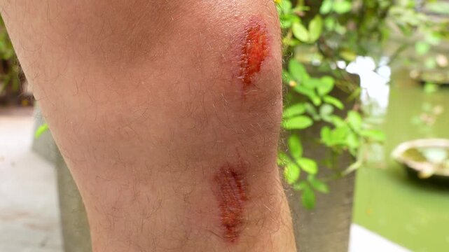 Male hiker shows fresh knee scrapes and dried blood after a fall Close up