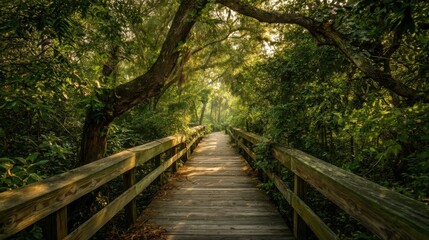 A serene wooden boardwalk winds through lush greenery bathed in early morning light,