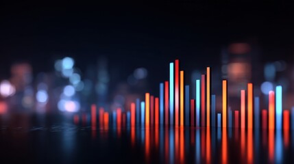 Colorful Abstract Data Visualization with Bar Graphs and Blurred Night City Background in Dark Tone for Creative Business Presentations and Digital Art