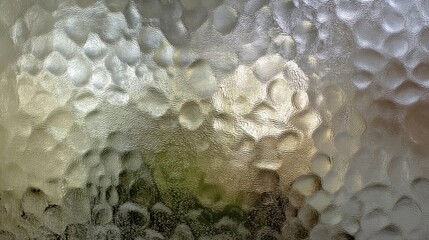 Close-up of hammered glass window with glossy surface and arched dimples,