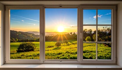 Sunny landscape seen through a white window frame at sunrise