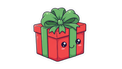 Cute cartoon gift box with a green bow and happy face.