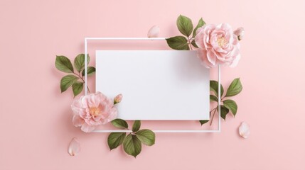 A pastel pink background with delicate soft pink and white flowers, green foliage edges,