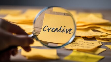 A hand holds a clear magnifying glass over yellow sticky notes on wood, with Creative written boldly beneath the lens.