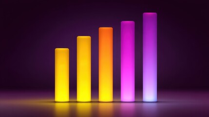 Colorful abstract representation of growth and progress with dynamic bars in gradient hues showcasing increasing heights on a dark background