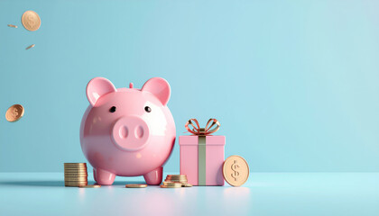 Pink piggy bank with coins and gift box on blue background, symbolizing savings and financial planning