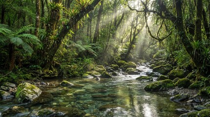Obraz premium Tranquil Stream Flowing Through Lush Forest, Nature Scene, Morning Light, Scenic Photography, Serene Environment, Nature Concept