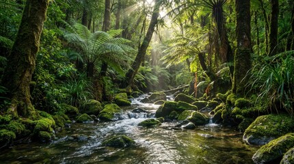 Obraz premium Flowing Stream in Lush Forest, Nature Photography, Tranquil Environment, Aesthetic Viewpoint