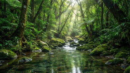Obraz premium Serene Water Flow, Lush Forest, Tropical Oasis, Nature Photography, Tranquil Environment, Sunlight Rays, Refreshing Concept