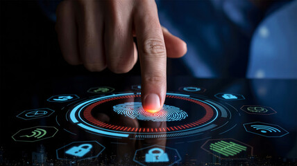 Biometric fingerprint scan with digital security icons and red glow interface