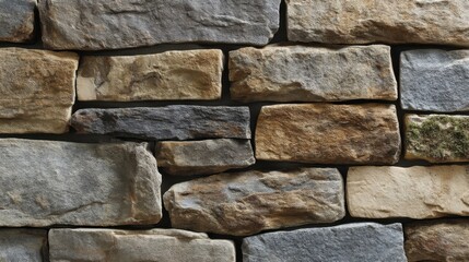 A close-up view of a traditional layered stone wall constructed with rectangular and square natural stones showcasing ru