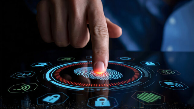 Biometric fingerprint scan with digital security icons and red glow interface - Powered by Adobe