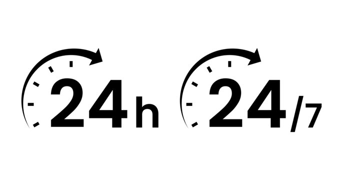 24 Hours and 24/7 Service Icon Set with Clock Arrow for Customer Support