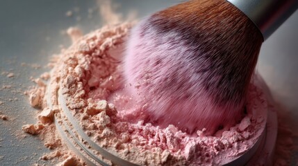 A makeup brush dipped into loose creamy blush or highlighter powder inside an open container with fingers nearby ready f
