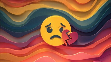 A sad emoji holding a splintered heart symbolizes heartbreak and emotional pain, conveying deep sadness and loneliness.