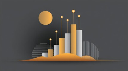 Abstract data visualization with bar graph and floating spheres on a gray background depicting growth, progress and analysis in modern design