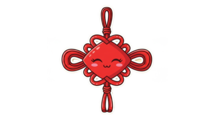 Cute Red Chinese Knot with Happy Face Cartoon Illustration.