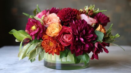 A colorful arrangement of flowers sits elegantly in front of a clean white surface,