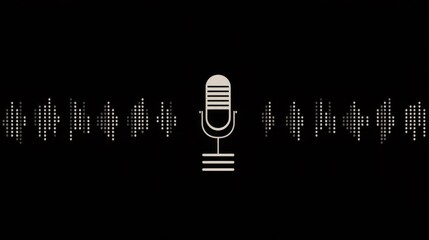 A vintage style microphone with sound waves stands against a glossy black background,