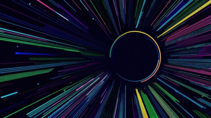 Abstract digital artwork featuring a vibrant yellow gold ring at the center with radiating multicolored stripes includin