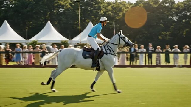 Male polo player riding horse on field during a match with spectators in background