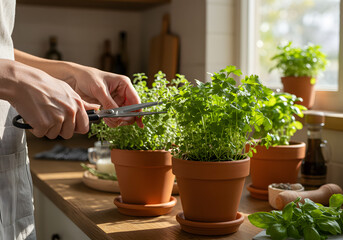 Hands trimming herbs in kitchen
