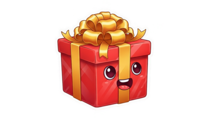 Cute Red Gift Box with Golden Ribbon and Adorable Face.