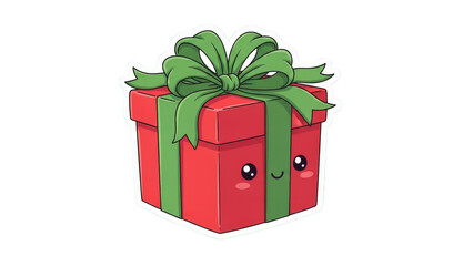 Cute Red Gift Box with Green Ribbon and Kawaii Face.
