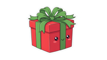 Cute Red Gift Box with Green Ribbon and Kawaii Face.
