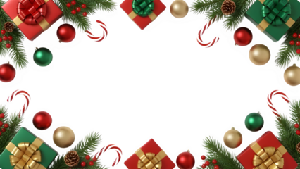 Christmas and new year holiday frame with gifts, ornaments, and pine branches isolated on transparent background