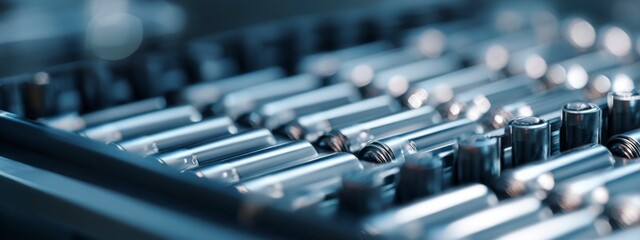 Closeup of modern lithium battery cells on automated production line, concept of energy, storage, technology, renewable power and sustainability. banner 