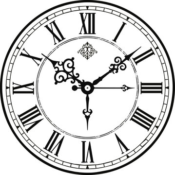 Create of Vintage clock face with Roman numerals and retro hands. Victorian clock dial with hands and Roman numbers. Vector illustration