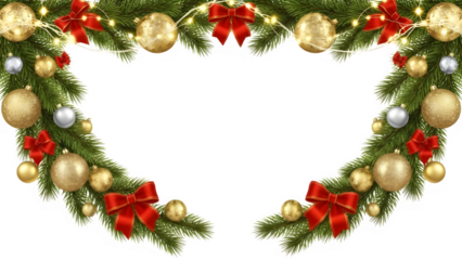 Christmas garland border with gold ornaments and red bows isolated on transparent background