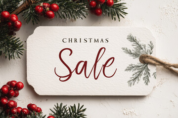 Christmas sale price tag with elegant lettering surrounded by pine branches and red berries