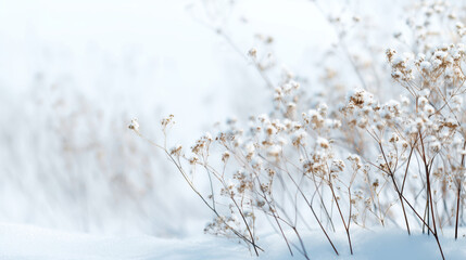 Delicate winter plant with dried seed heads and branches covered in frost