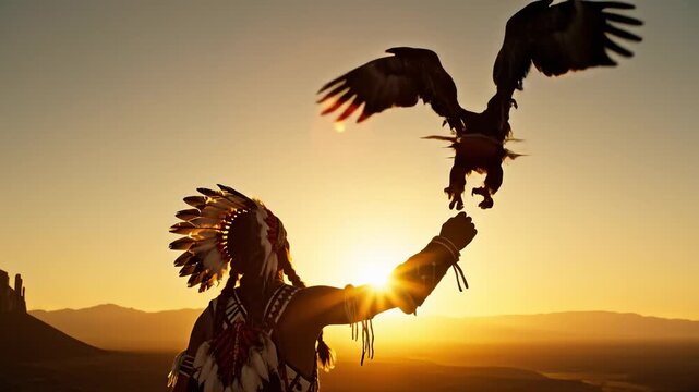 Native American Holding Eagle at Sunset Over Desert Landscape