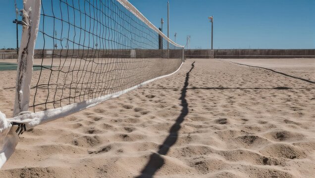 Beach Volleyball Court Net and Sand Under Clear Blue Sky. - Powered by Adobe