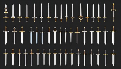 Assortment of historically inspired swords, arranged in three rows on a dark background