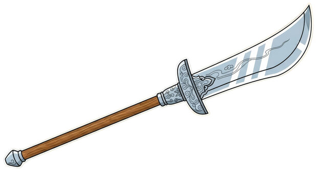 Traditional Chinese Guan Dao Weapon with Polished Blade and Wooden Handle.