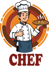 Chef logo with pizza thumbs-up gesture and circular background for cooking branding and culinary character identity