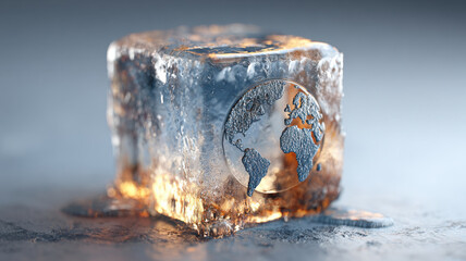 The Earth globe melting on ice cube