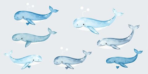 A whimsical set of watercolor whales in various shades of blue and grey, swimming playfully,  artistic,  art