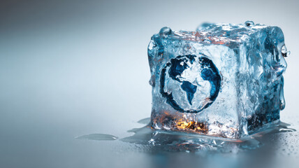 Global Warming Concept: A Frozen Globe in an Ice Cube. The melting ice cube with a globe inside suggests climate change