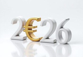White numbers 2026 with euro sign on white background. Symbolizing new year finance and economy concept of business, banking, investment