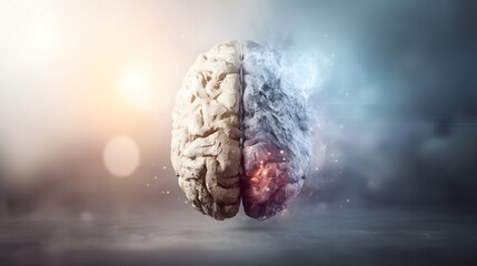 An artistic illustration of the human brain divided into hemispheres, symbolizing emotion and logic on a gradient backdrop. 