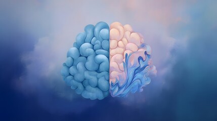 An artistic illustration of the human brain divided into hemispheres, symbolizing emotion and logic on a gradient backdrop. 